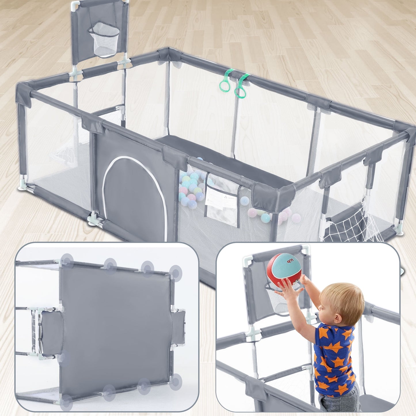 TEAYINGDE Baby Playpen,71 Inch Extra Large Baby Playard With Basketball Hoop
