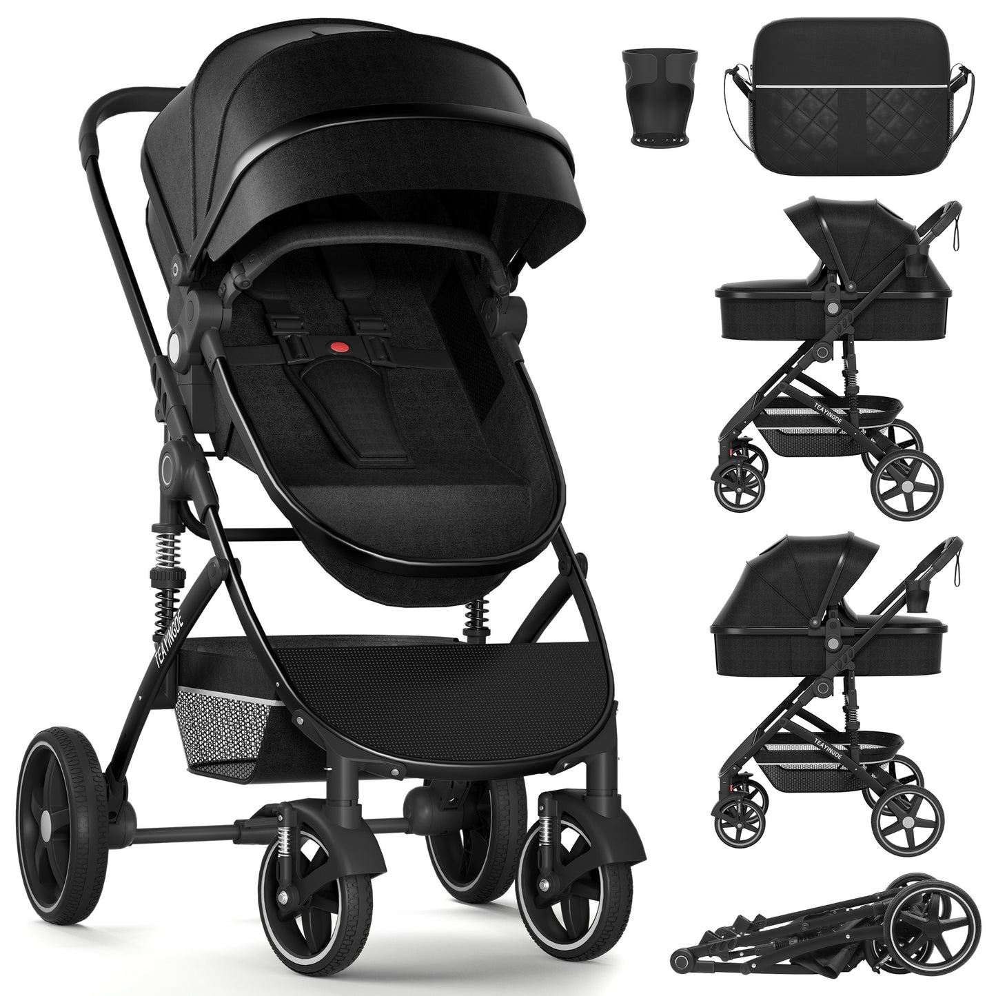 TEAYINGDE 2 in 1 Baby Stroller,Foldable Lightweight Carriage Reversible Bassinet Pram for Toddler,Travel Stroller with with Cup Holder、Storage Bag,Brown