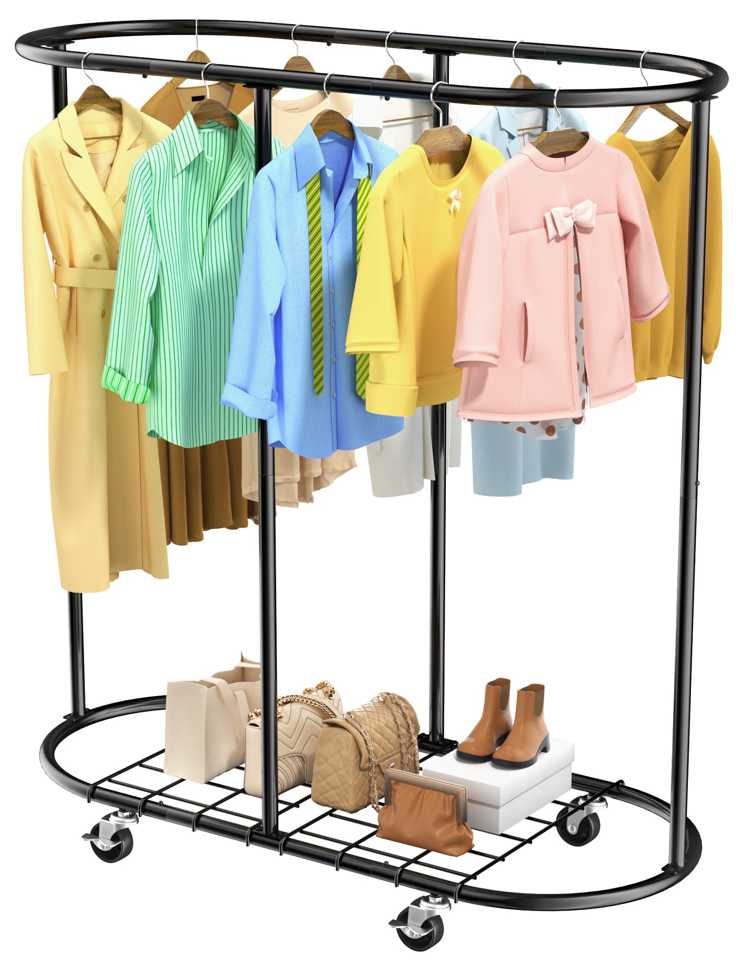 Nefoso Nefoso Clothing Garment Rack,Oval Clothes Rack with 4 Universal Wheels and Shelf Standard Rolling Clothes Organizer(Black)