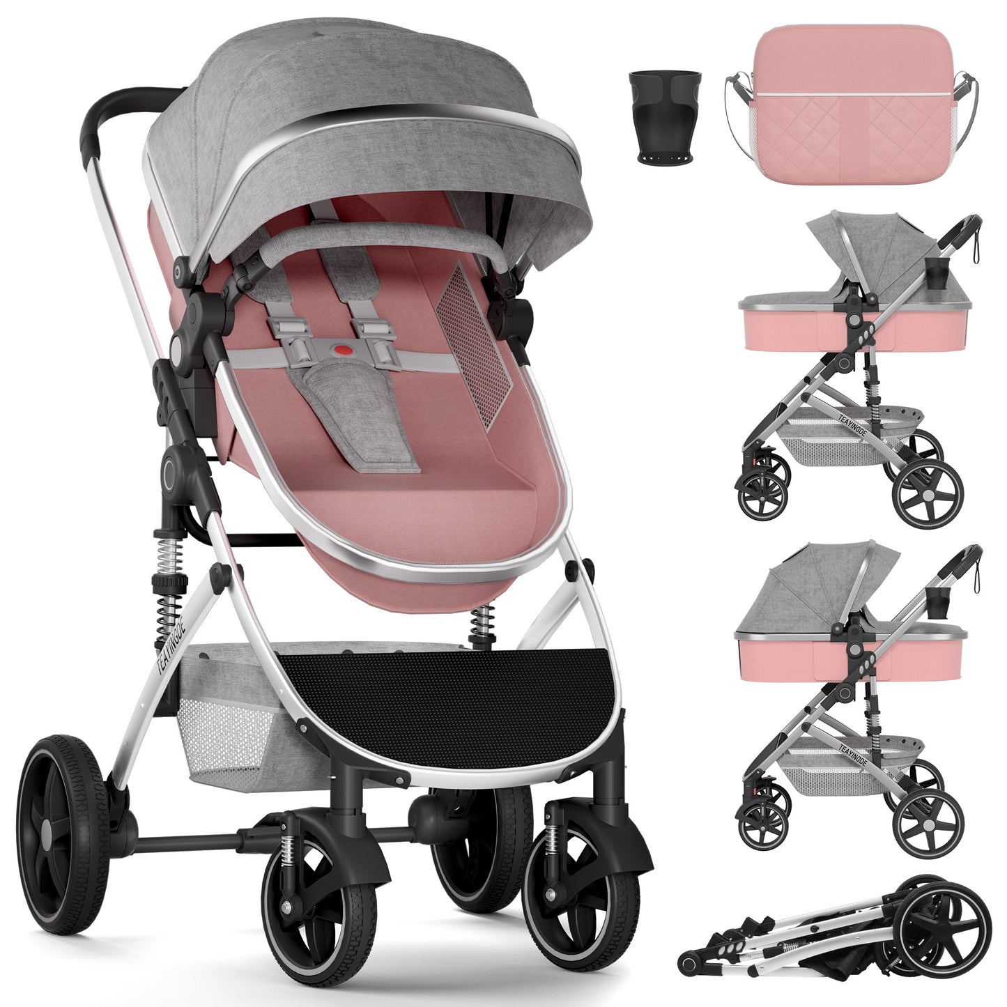 TEAYINGDE 2 in 1 Baby Stroller,Foldable Lightweight Carriage Reversible Bassinet Pram for Toddler,Travel Stroller with with Cup Holder、Storage Bag,Brown