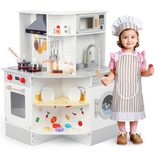 Wisairt Corner Play Kitchen Set, Wooden Play Kitchen for Kids w/ Chef's Costume, Stove, Sink, Range Hood, Oven, Microwave, Realistic Lights Sounds - White & Grey