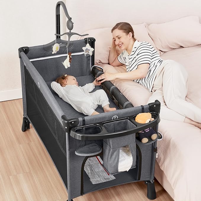 TEAYINGDE 5 in 1 Baby Playard with Bassinet, Nursery Center Playard, Gray