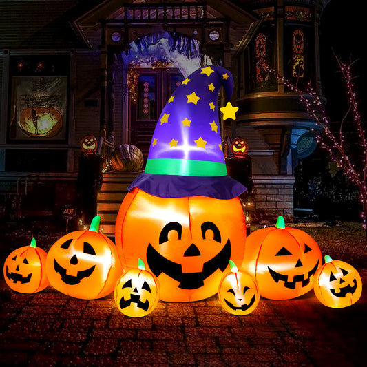IZNEN 8.7ft Halloween Inflatables Pumpkins 7 Blow Up Decor with Witches Hat, Built-in LED Lights for Halloween Party, Yard, Garden, Lawn