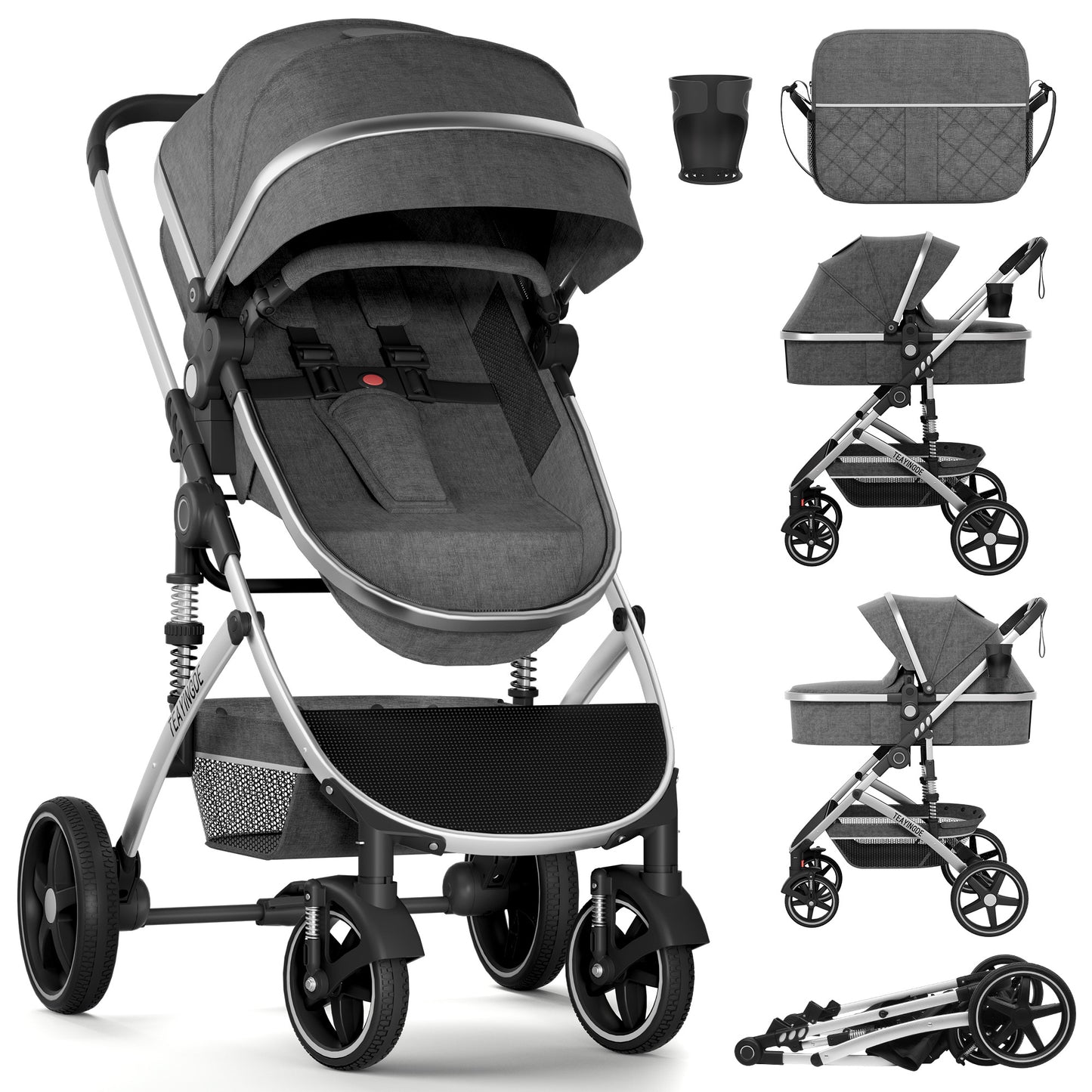 TEAYINGDE 2 in 1 Baby Stroller,Foldable Lightweight Carriage Reversible Bassinet Pram for Toddler,Travel Stroller with with Cup Holder、Storage Bag,Brown