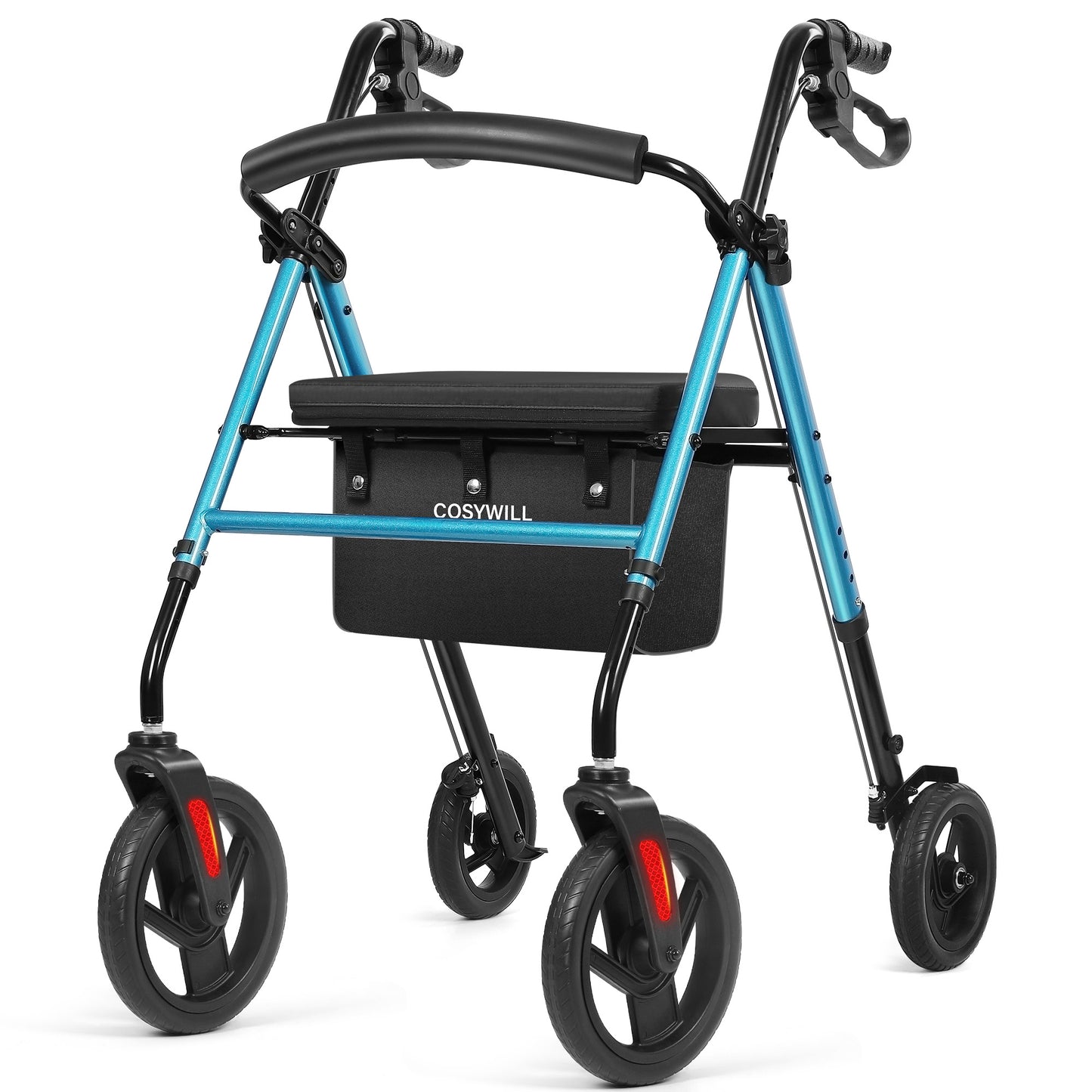 COSYWILL Rollator Walker with Seat,Foldable Walkers for Seniors,Mobility Walkers with 10'' Big Wheels,Adjustable Handles and Seat Height, Red