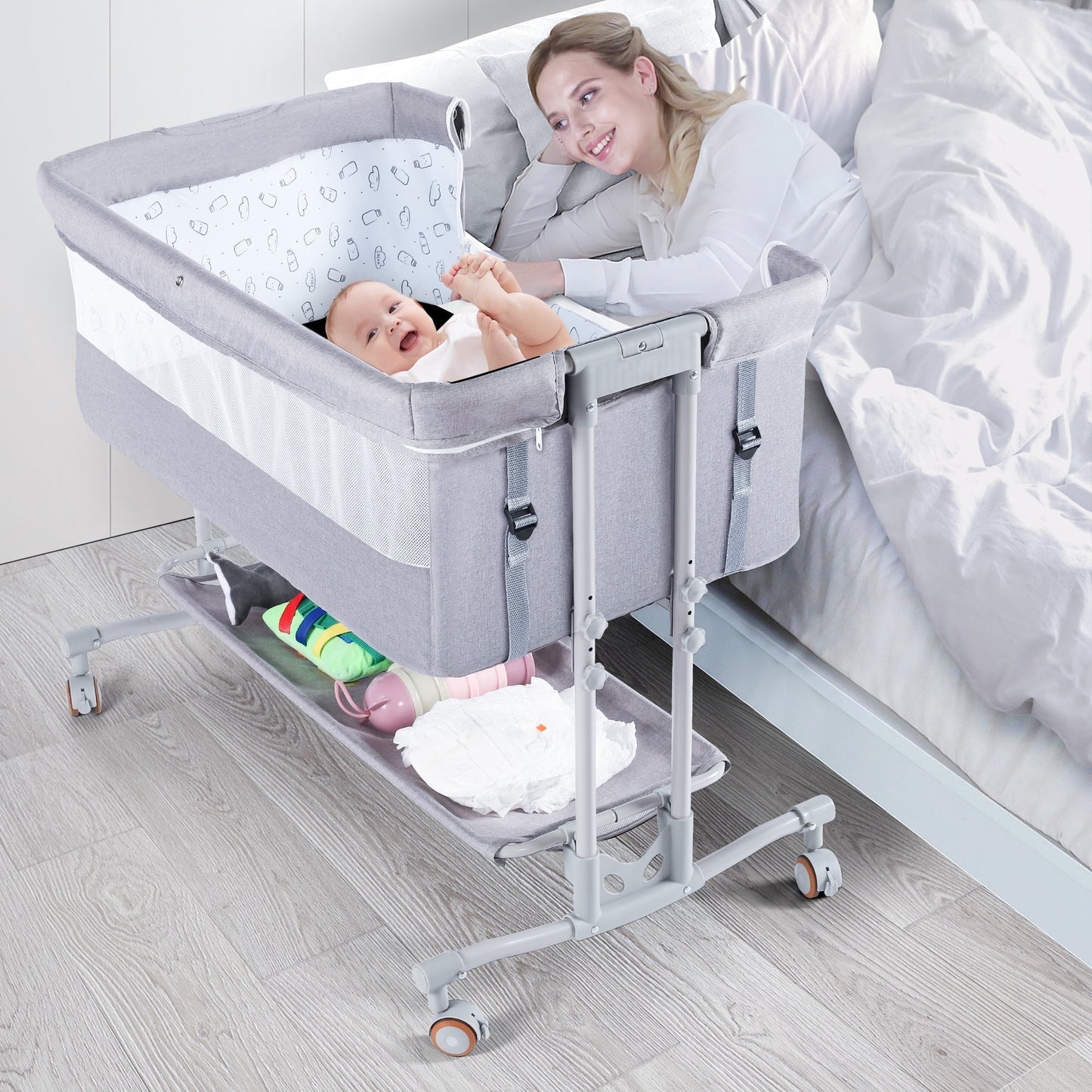 TEAYINGDE Baby Bassinets Bedside Sleeper with Wheels, Newborn Baby Cribs w/Storage Basket,Light Grey