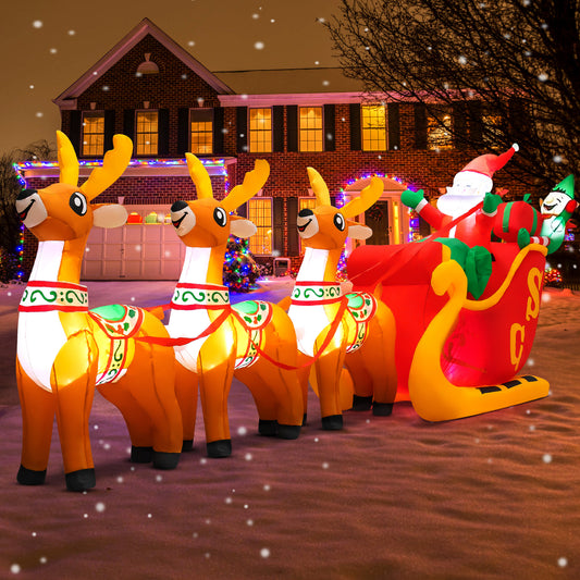 IZNEN 10ft Christmas Inflatable Santa Claus On Sleigh With 3 Reindeer Outdoor Lights Decor for Holiday Decoration, Xmas Party, Yard, Garden and Lawn