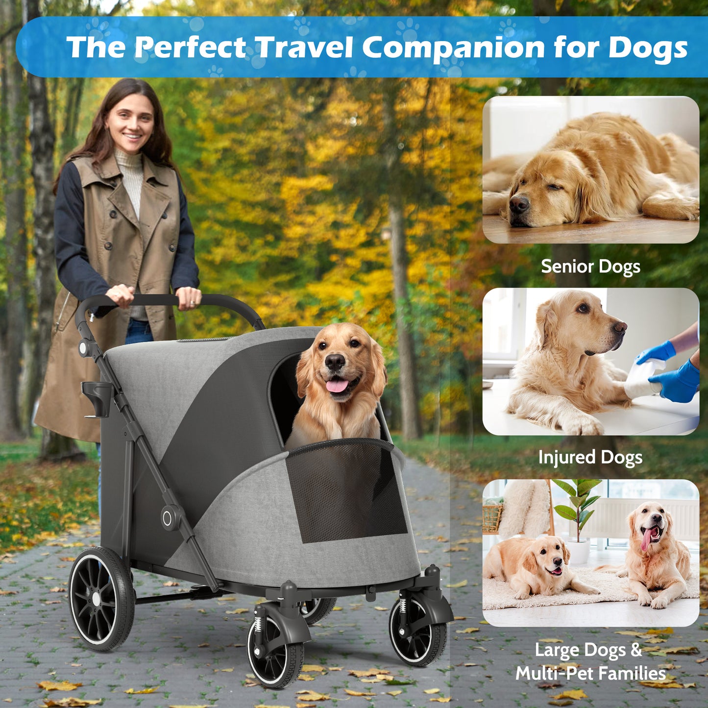 Zoolike XL Dog Stroller, Dual Access 4 Wheel Extra Large Pet Cage Foldable Travel Jogging Carriage Stroller for 2 Dogs,Max 200 Lbs