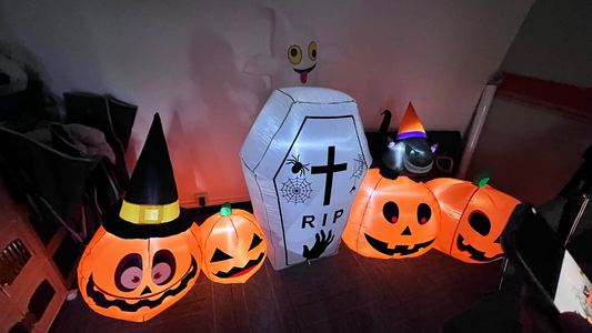Yexmas Halloween Inflatables Pumpkins 7 Blow Up Decor with Witches Hat, Built-in LED Lights for Halloween Party - A