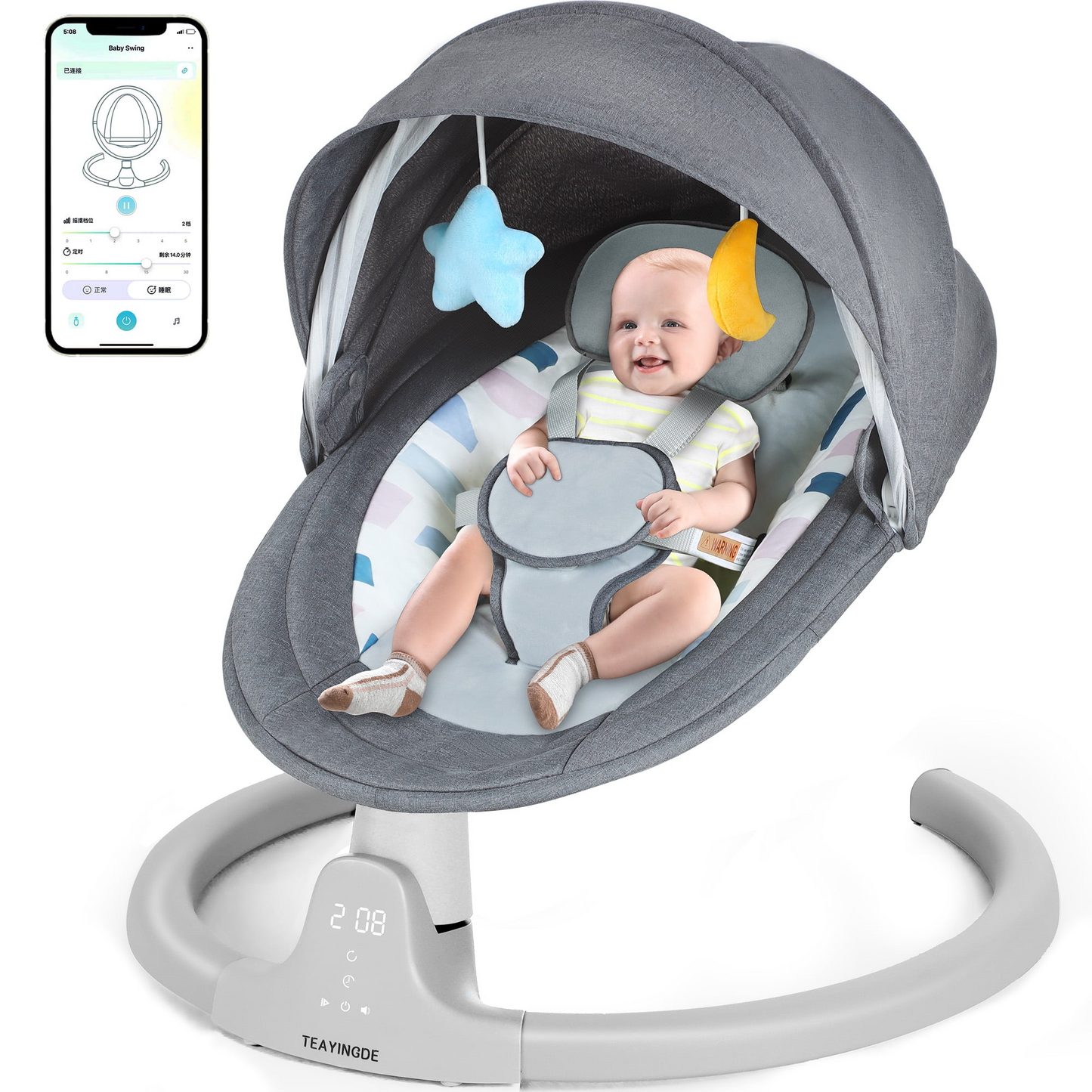 Babyeap Baby Swing for Infants - APP Remote Bluetooth Control, 5 Speed Settings, 10 Lullabies, USB Plug (Gray)