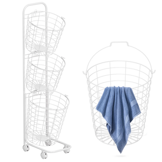 Removable 3 Tier Metal Rolling Laundry Basket Cart,Large Capacity Wire Basket Laundry Hamper with Wheels, Laundry Butler for Bathroom Bedroom Laundry Room, White