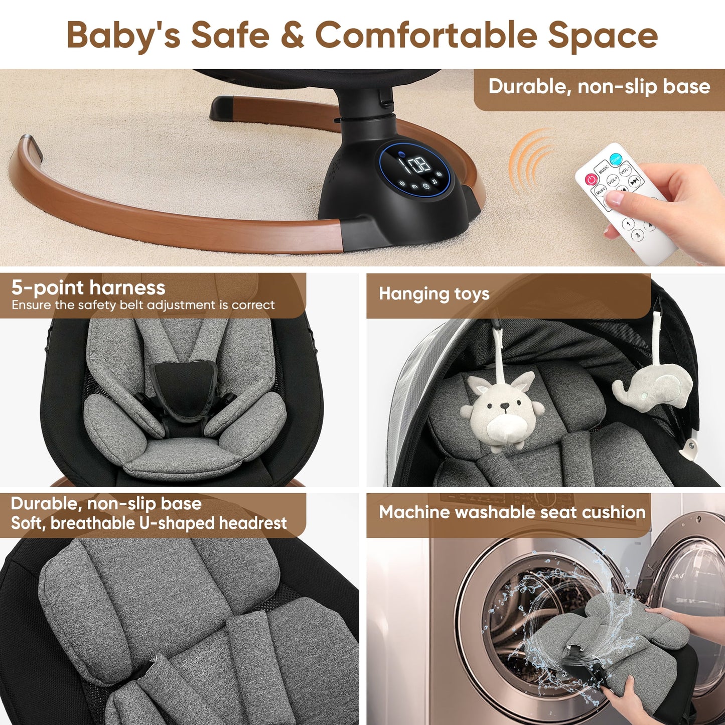 Babyeap Baby Swing for Infants,Bluetooth Control 5-point Harness Newborn Swing,5 Sway Speed,10 Lullabies