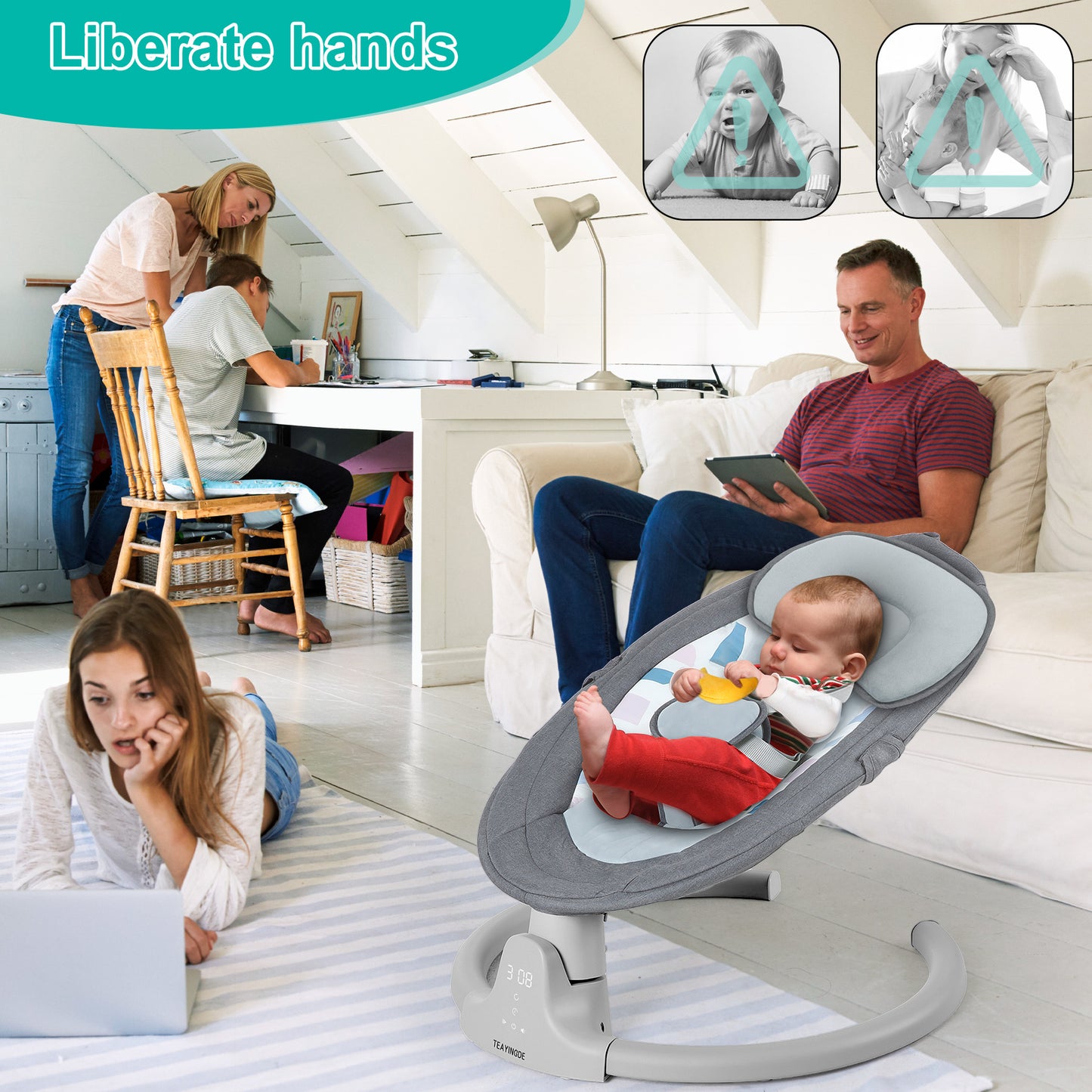 Babyeap Baby Swing for Infants - APP Remote Bluetooth Control, 5 Speed Settings, 10 Lullabies, USB Plug (Gray)