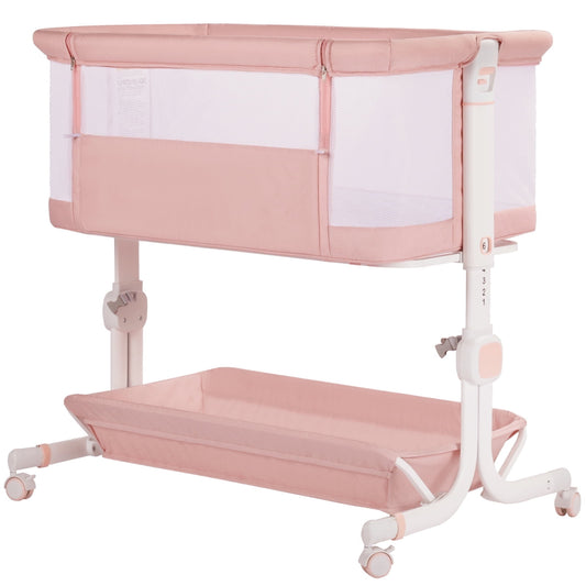 TEAYINGDE Baby Bassinets Bedside Sleeper with Wheels, Newborn Baby Cribs w/Storage Basket, Pink