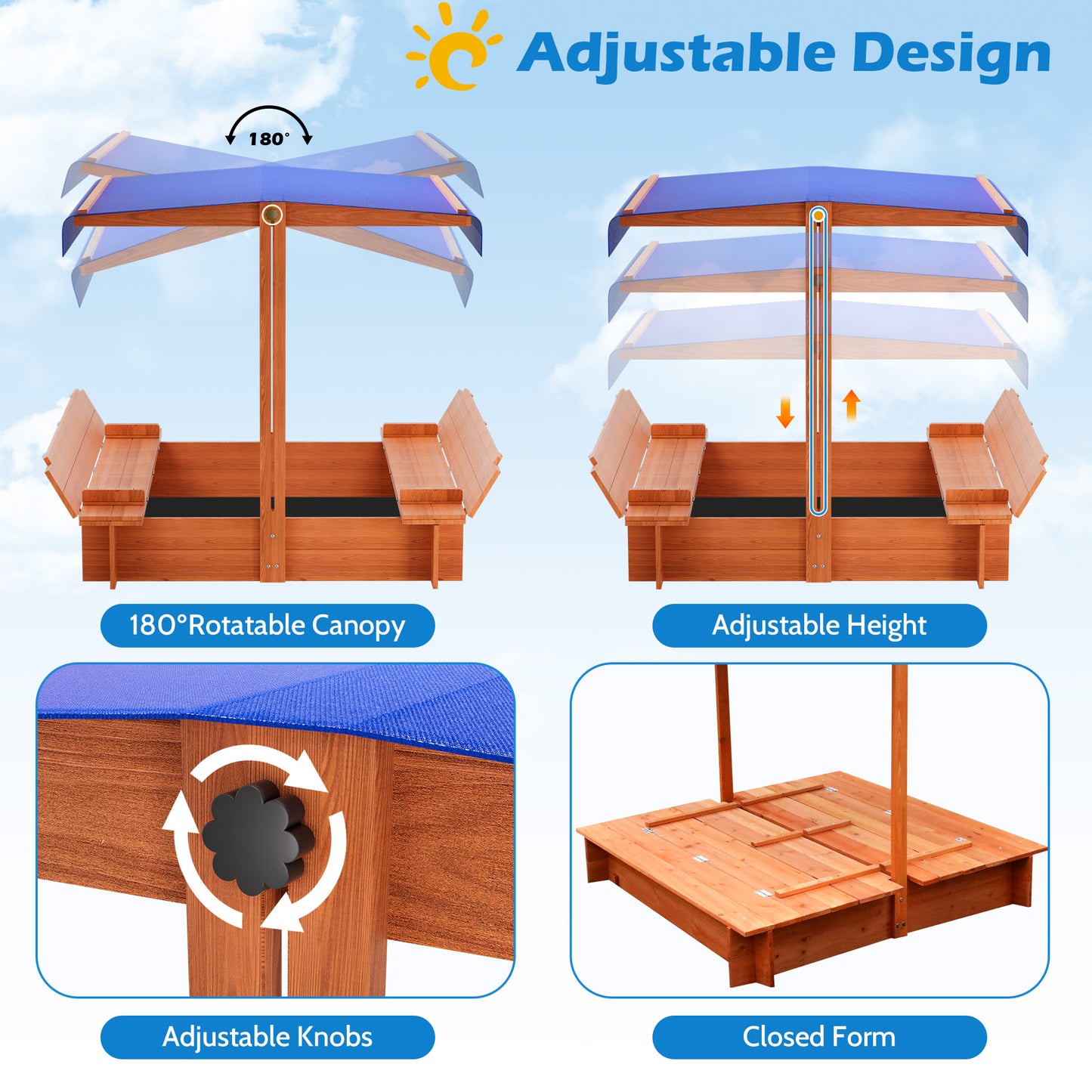 COCODRAGON 48" Wooden Sandbox with Lid, Outdoor Large Kids Sandbox with Seat,for Yard Lawn Garden