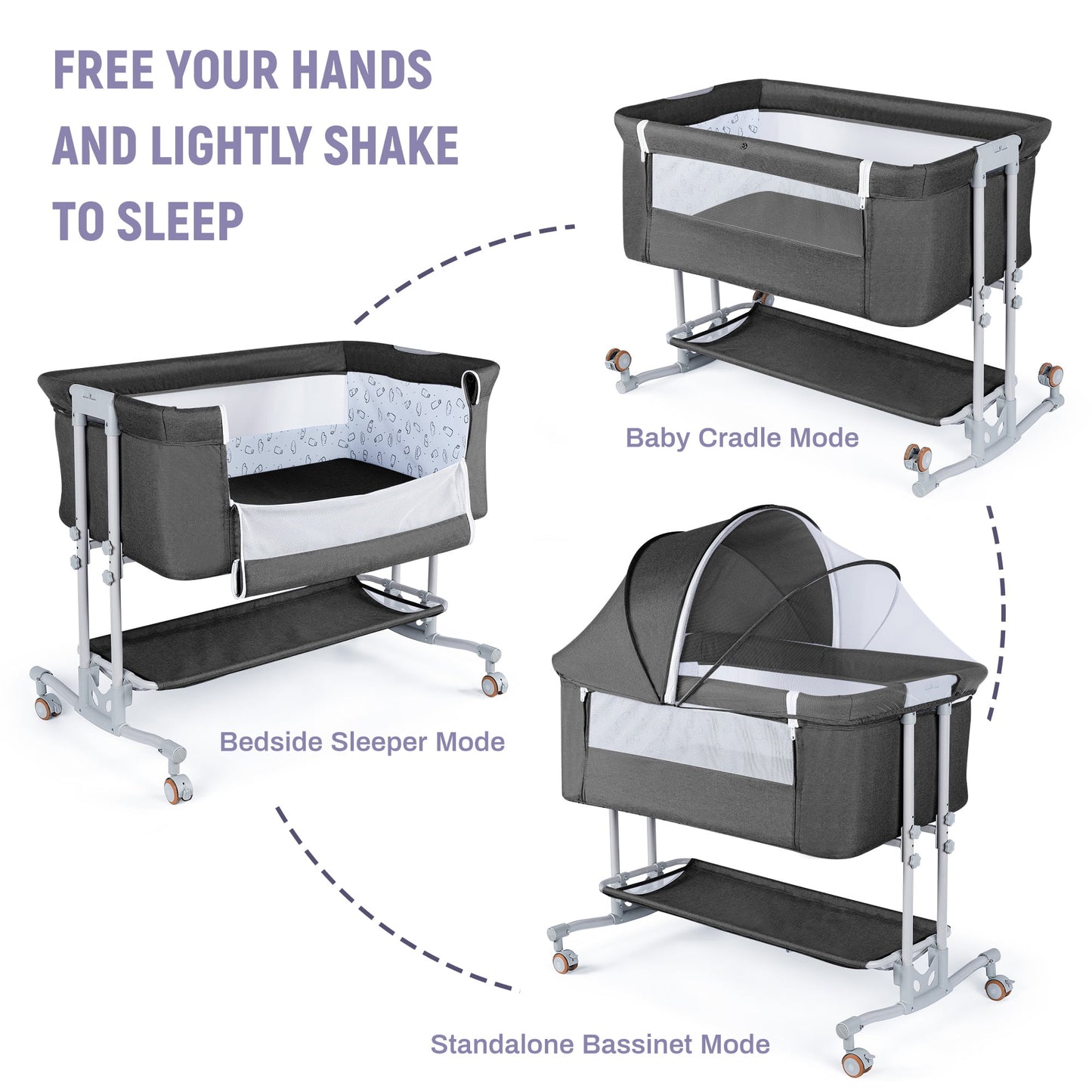 TEAYINGDE Baby Bassinets Bedside Sleeper with Wheels, Newborn Baby Cribs w/Storage Basket, Dark Gray