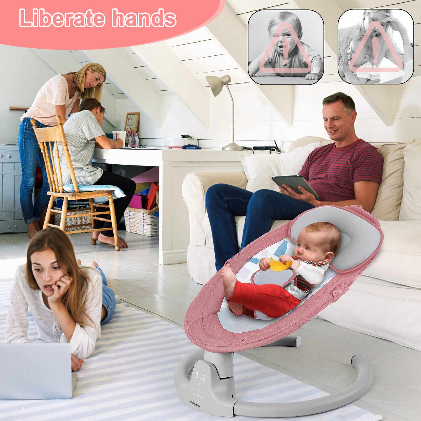 Babyeap Baby Swing for Infants - APP Remote Bluetooth Control, 5 Speed Settings, 10 Lullabies, USB Plug (Pink)