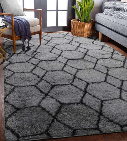 Nefoso Shag Area Rugs, 5' x 8' Soft Fluffy Geometric Rugs for Living Room Bedroom Kids Room Decor Carpet Gray