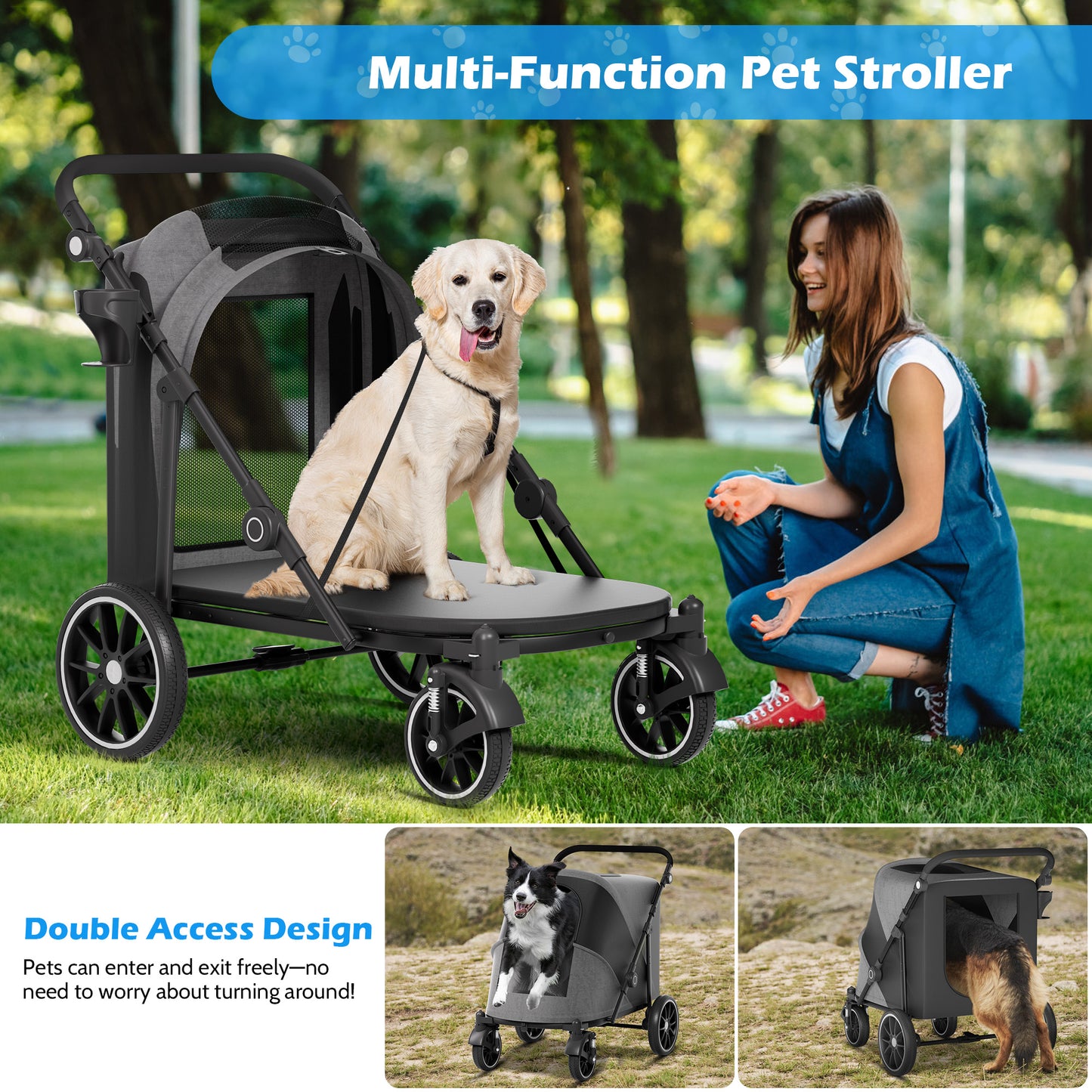 Zoolike XL Dog Stroller, Dual Access 4 Wheel Extra Large Pet Cage Foldable Travel Jogging Carriage Stroller for 2 Dogs,Max 200 Lbs