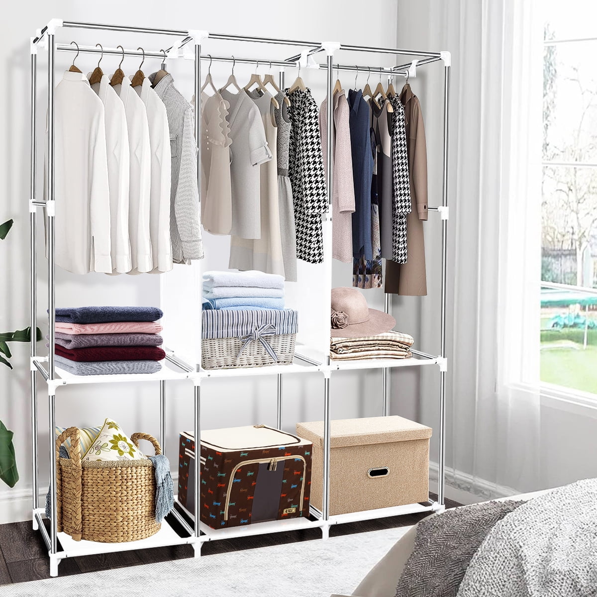 YOUPINS Portable Closet Storage Organizer Clothes Wardrobe Shoe Clothing Rack Shelf Dustproof Non-woven Fabric, Quick and Easy to Assemble