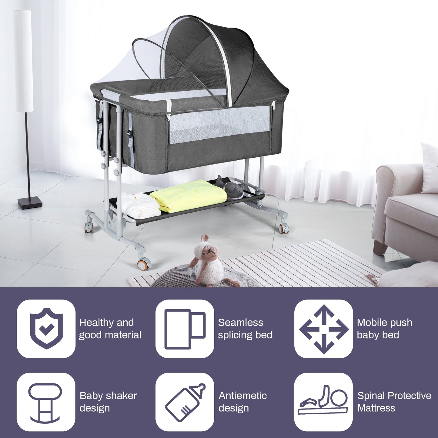 TEAYINGDE Baby Bassinets Bedside Sleeper with Wheels, Newborn Baby Cribs w/Storage Basket, Dark Gray
