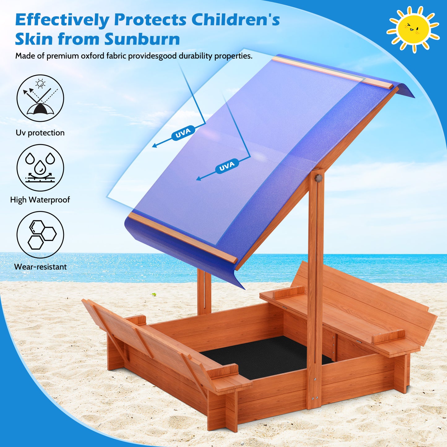 COCODRAGON 48" Wooden Sandbox with Lid, Outdoor Large Kids Sandbox with Seat,for Yard Lawn Garden