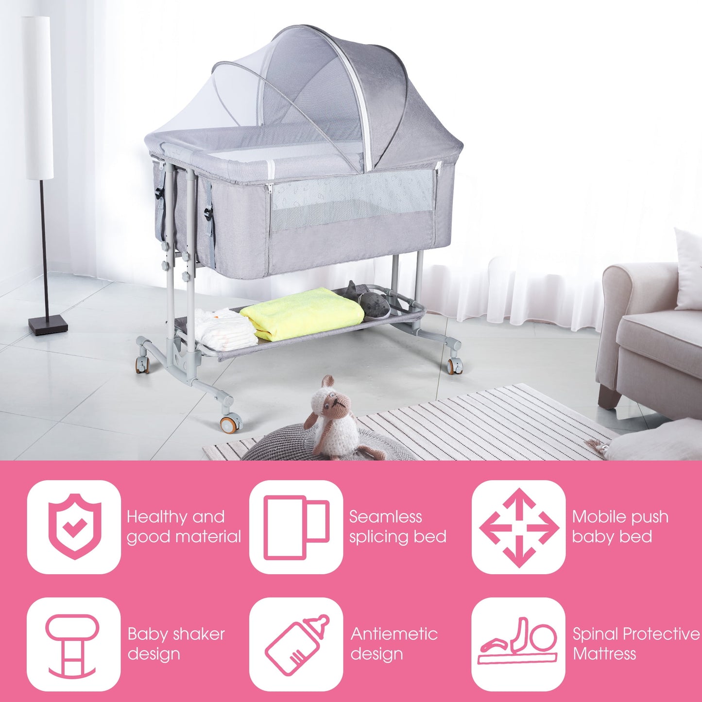 TEAYINGDE Baby Bassinets Bedside Sleeper with Wheels, Newborn Baby Cribs w/Storage Basket,Light Grey