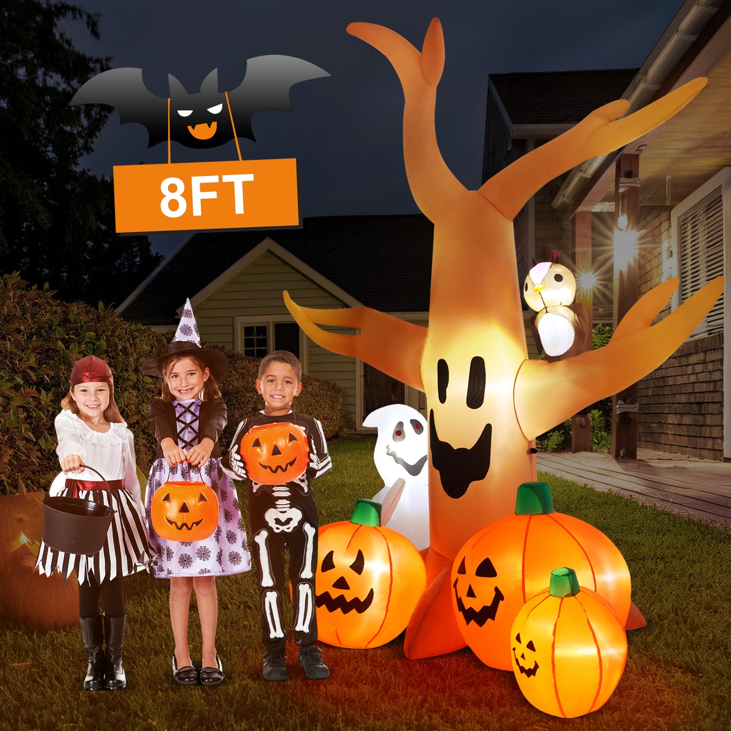 Yexmas 8FT Halloween Inflatables Dead Tree,Outdoor Halloween Decorations with Built-in LED Lights ,Halloween Blow Up Yard Decorations with Pumpkin,Ghost,and Owl