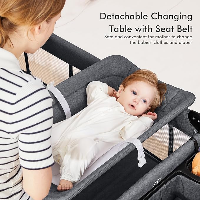 TEAYINGDE 5 in 1 Baby Playard with Bassinet, Nursery Center Playard, Gray