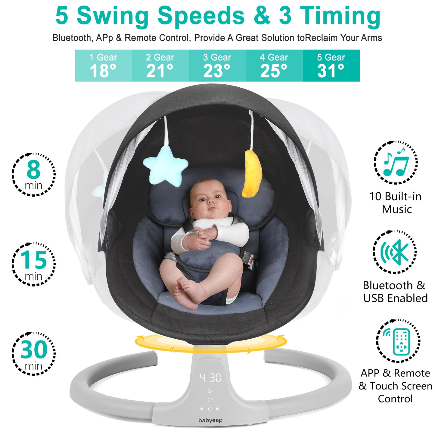 Babyeap Baby Swing for Infants - Motorized Swing with Music Speaker and Remote Control - 10 Lullabies - Black