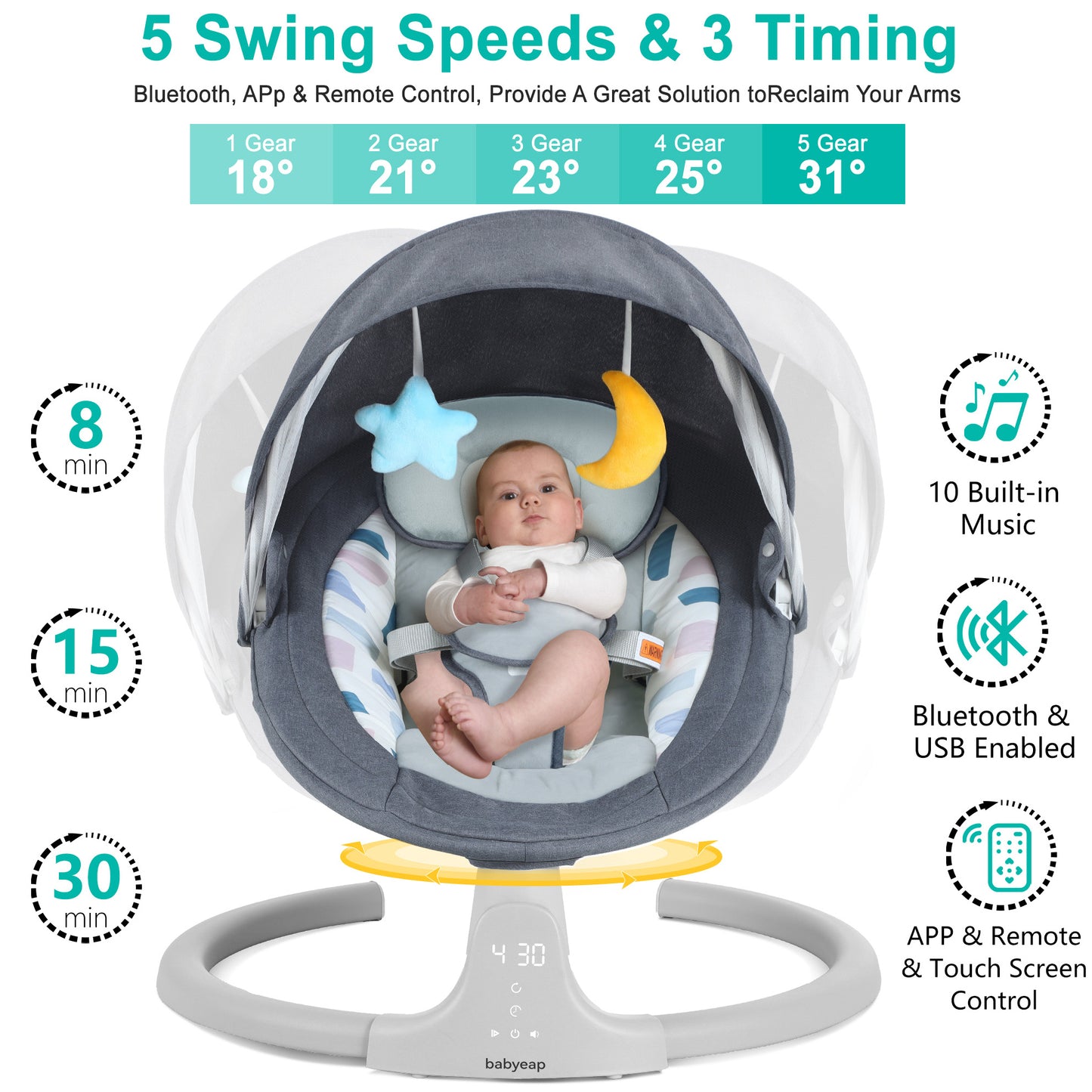 Babyeap Baby Swing for Infants - APP Remote Bluetooth Control, 5 Speed Settings, 10 Lullabies, USB Plug (Blue)