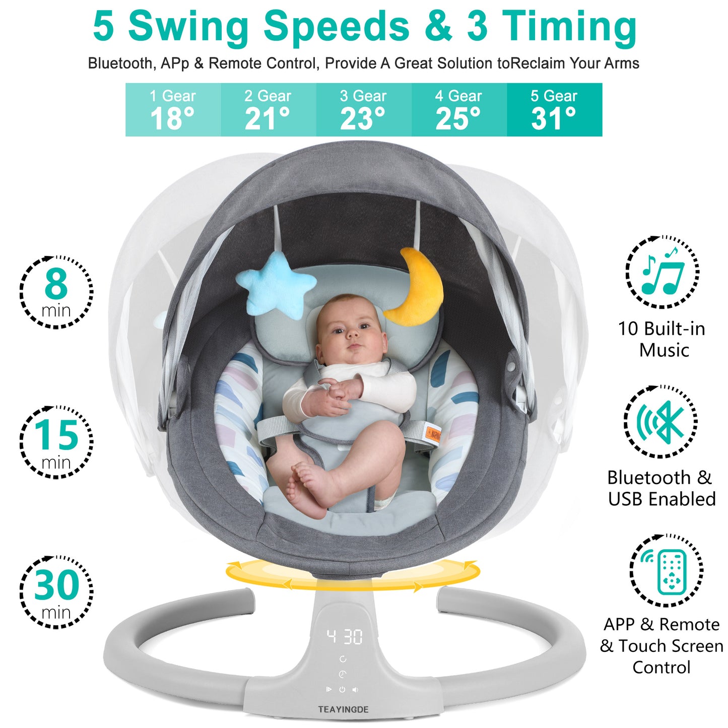 Babyeap Baby Swing for Infants - APP Remote Bluetooth Control, 5 Speed Settings, 10 Lullabies, USB Plug (Gray)