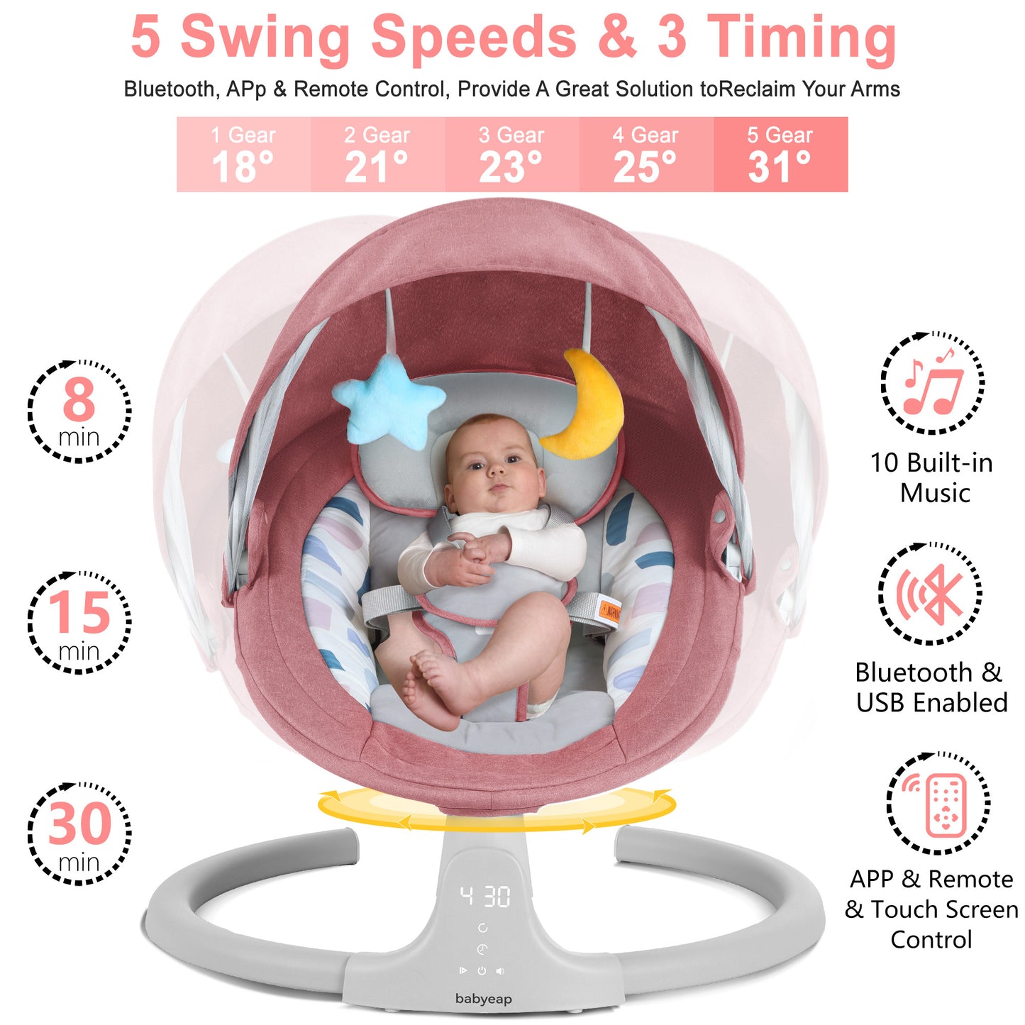 Babyeap Baby Swing for Infants - APP Remote Bluetooth Control, 5 Speed Settings, 10 Lullabies, USB Plug (Pink)