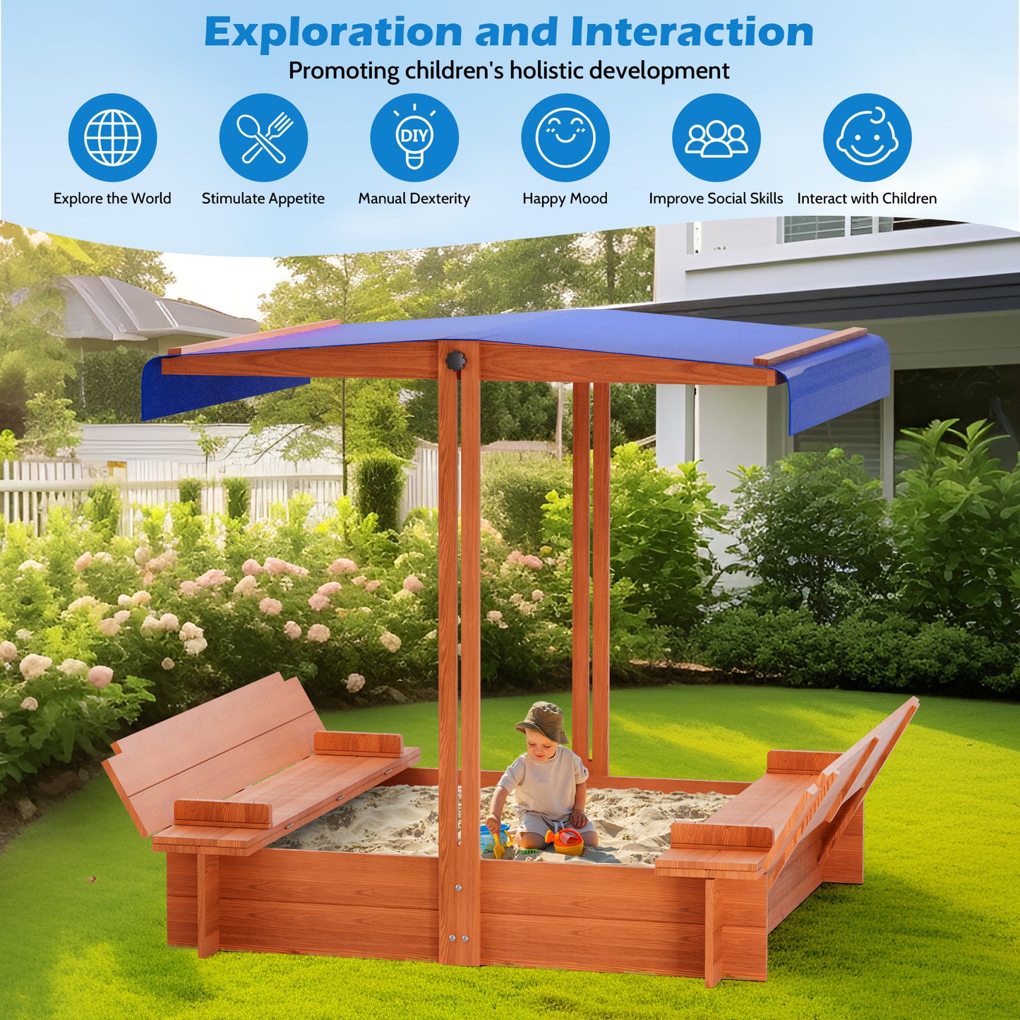COCODRAGON 48" Wooden Sandbox with Lid, Outdoor Large Kids Sandbox with Seat,for Yard Lawn Garden