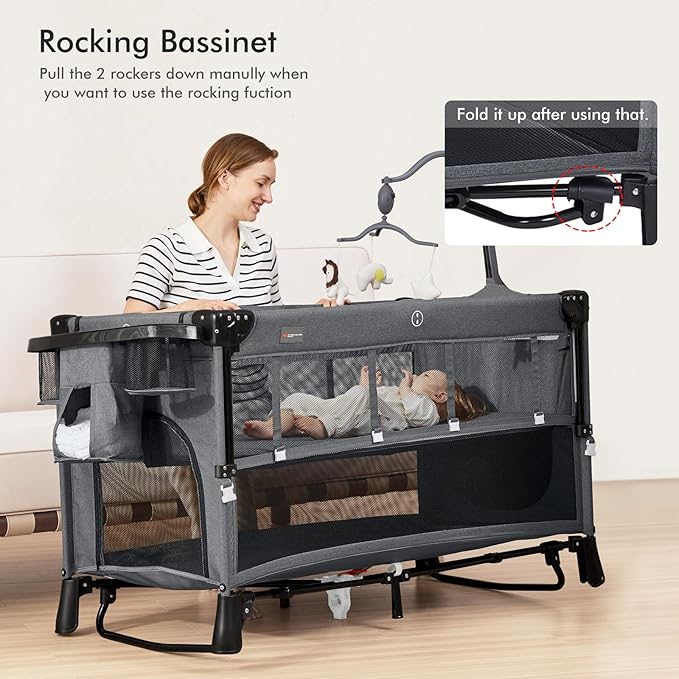 TEAYINGDE 5 in 1 Baby Playard with Bassinet, Nursery Center Playard, Gray