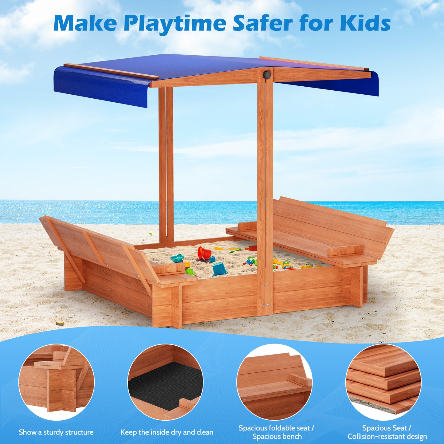 COCODRAGON 48" Wooden Sandbox with Lid, Outdoor Large Kids Sandbox with Seat,for Yard Lawn Garden