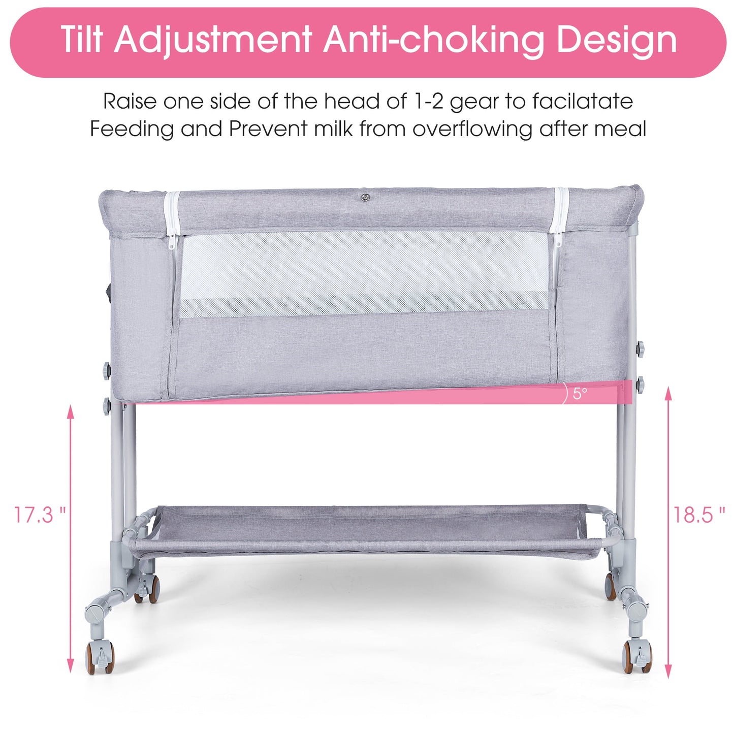 TEAYINGDE Baby Bassinets Bedside Sleeper with Wheels, Newborn Baby Cribs w/Storage Basket,Light Grey