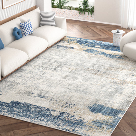 Nefoso 5' x 8' Area Rugs, Washable Area Rugs for Living Room Bedroom Home Decor, Non-Slip Carpet, Modern Abstract, Blue & Beige