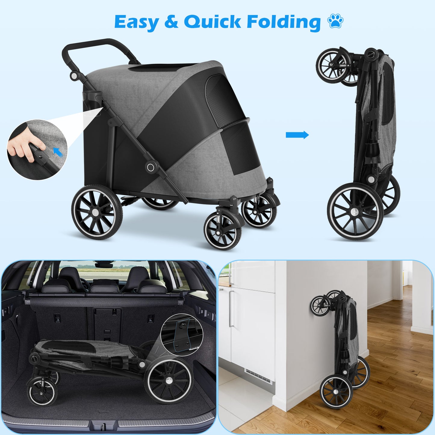 Zoolike XL Dog Stroller, Dual Access 4 Wheel Extra Large Pet Cage Foldable Travel Jogging Carriage Stroller for 2 Dogs,Max 200 Lbs