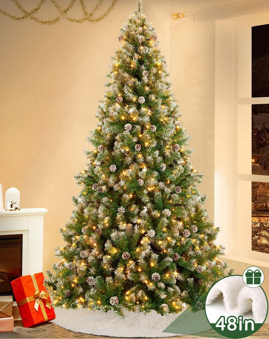TEAYINGDE 6ft Pre-Lit Realistic Artificial Christmas Trees,Green Christmas Trees with 1200 Flocked Frosted Tips & 80 Pine Cones,LED Lights Christmas Trees with 48 Inch Christmas Tree Skirt White