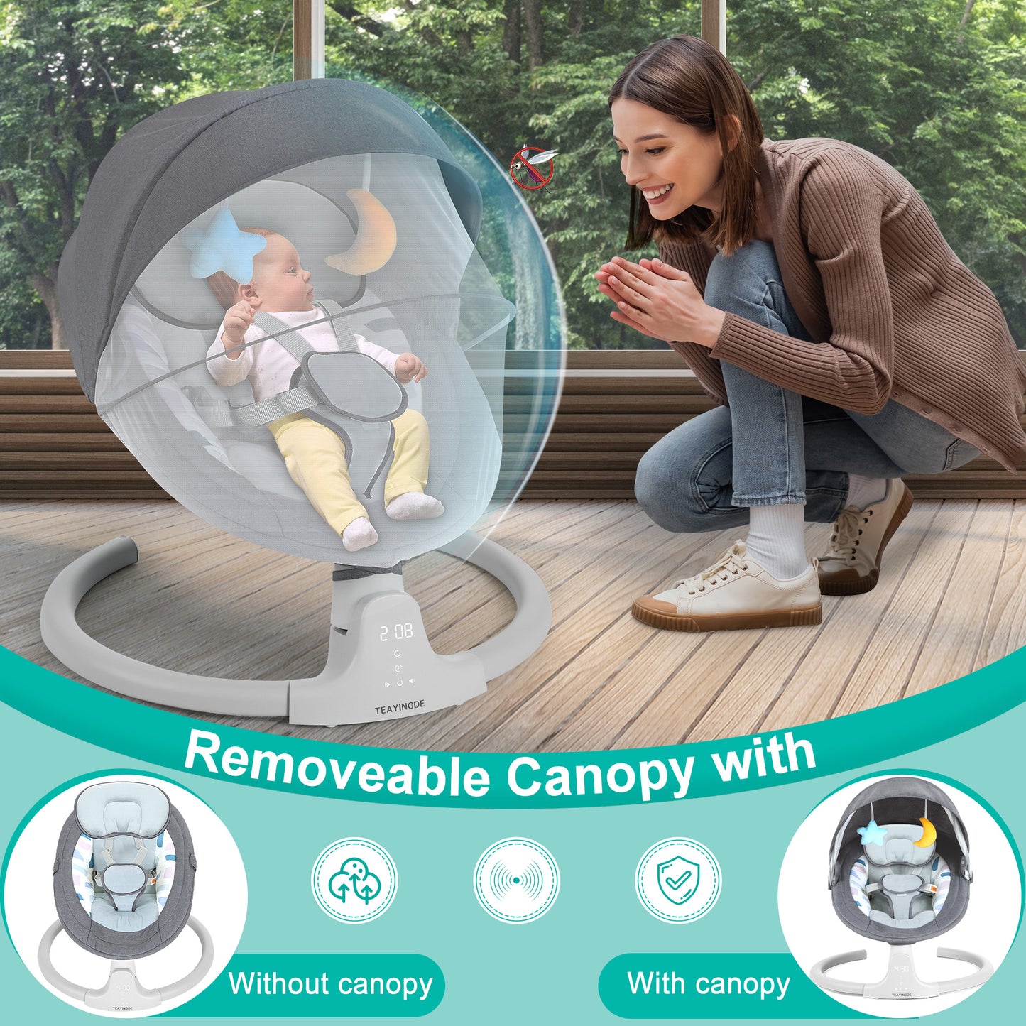 Babyeap Baby Swing for Infants - APP Remote Bluetooth Control, 5 Speed Settings, 10 Lullabies, USB Plug (Gray)
