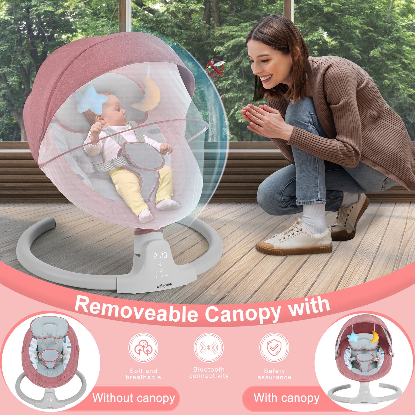 Babyeap Baby Swing for Infants - APP Remote Bluetooth Control, 5 Speed Settings, 10 Lullabies, USB Plug (Pink)