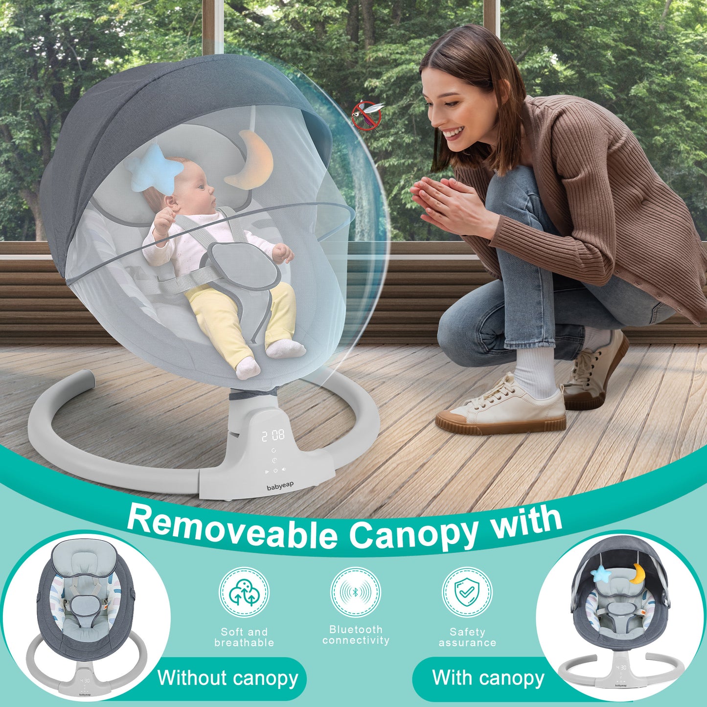 Babyeap Baby Swing for Infants - APP Remote Bluetooth Control, 5 Speed Settings, 10 Lullabies, USB Plug (Blue)