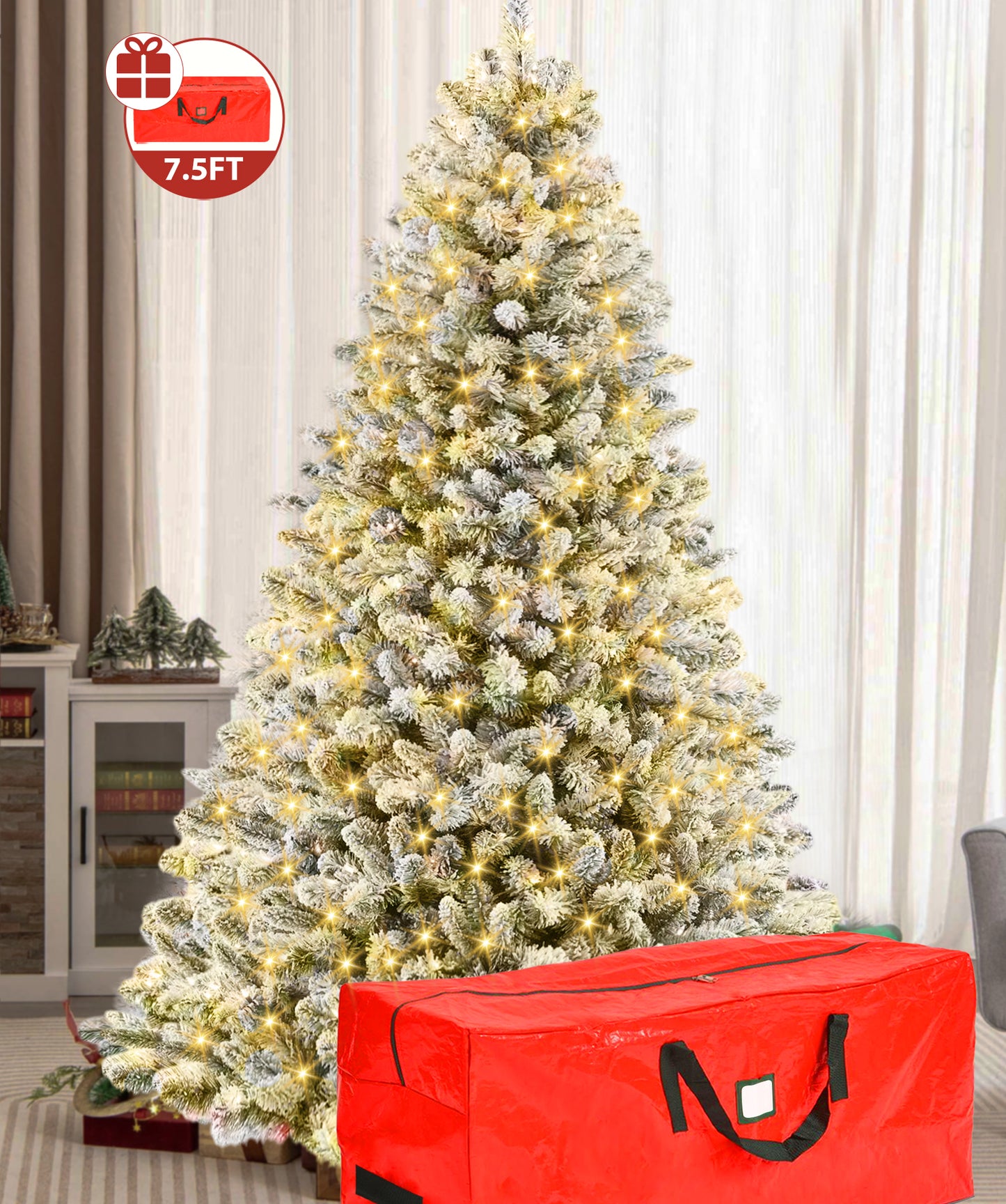 IZNEN 6ft Prelit Snow Flocked Christmas Tree,8 Modes LED Lights,Artificial Xmas Tree with Large Storage Bag