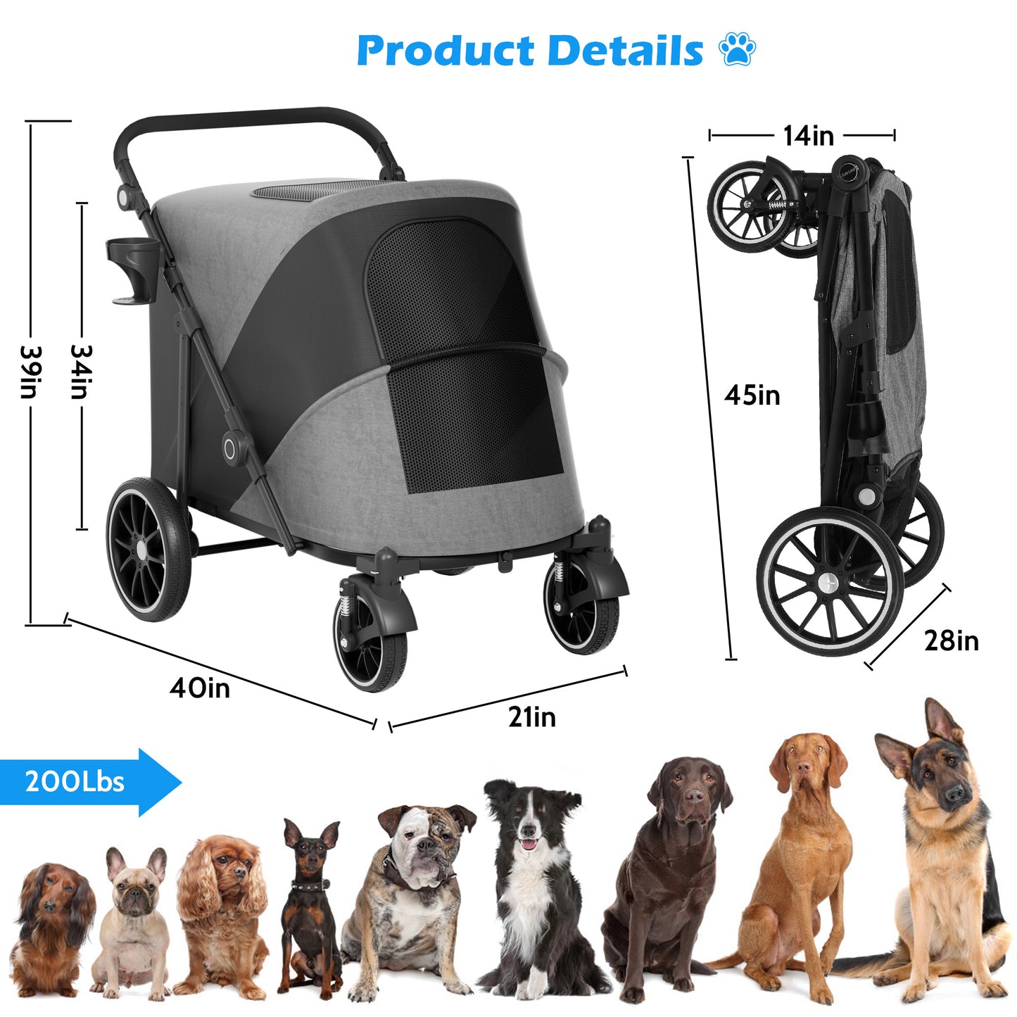 Zoolike XL Dog Stroller, Dual Access 4 Wheel Extra Large Pet Cage Foldable Travel Jogging Carriage Stroller for 2 Dogs,Max 200 Lbs