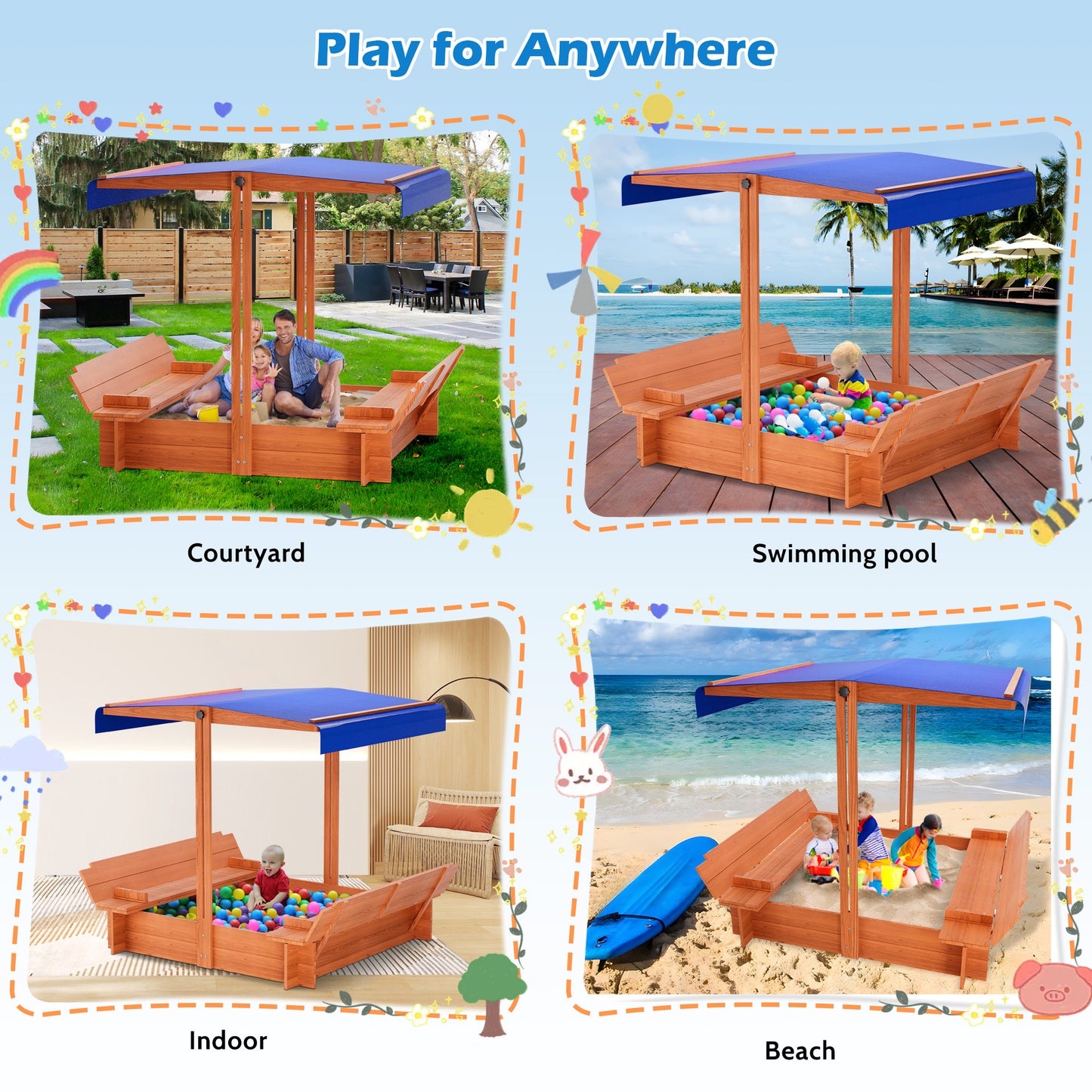 COCODRAGON 48" Wooden Sandbox with Lid, Outdoor Large Kids Sandbox with Seat,for Yard Lawn Garden