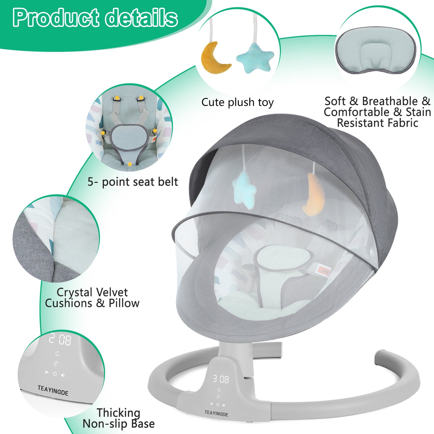 Babyeap Baby Swing for Infants - APP Remote Bluetooth Control, 5 Speed Settings, 10 Lullabies, USB Plug (Gray)