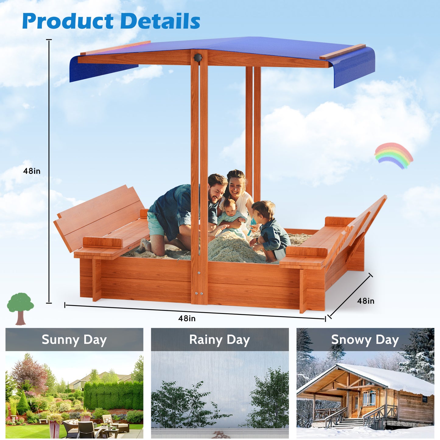 COCODRAGON 48" Wooden Sandbox with Lid, Outdoor Large Kids Sandbox with Seat,for Yard Lawn Garden