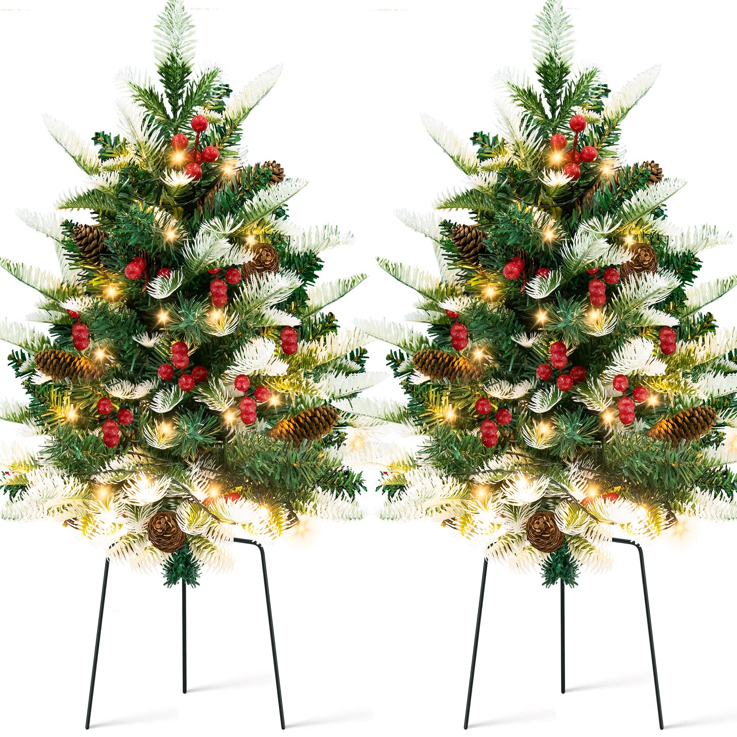 IZNEN 2PCS Small Outdoor Christmas Trees with LED Lights,30" Artificial Xmas Decora for Porch,Yard,Pathway,Garden, PVC&PE
