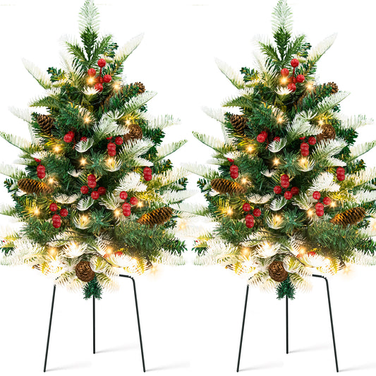 IZNEN 2PCS Small Outdoor Christmas Trees with LED Lights,30" Artificial Xmas Decora for Porch,Yard,Pathway,Garden, PVC&PE